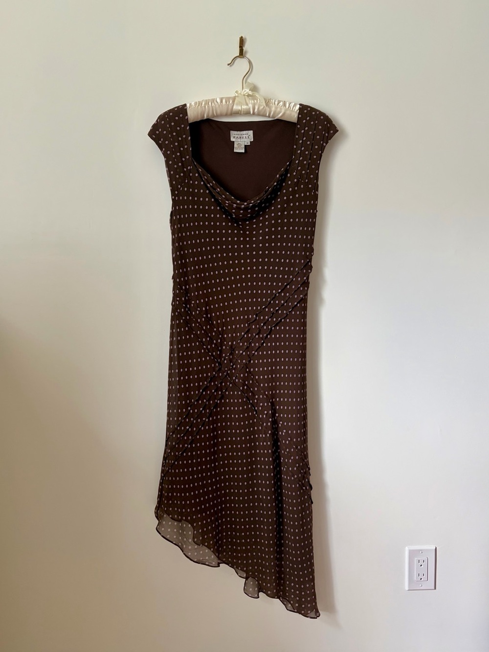 Adrianna Papell 100% Silk Brown Polka Dot Asymmetrical Dress Size 14